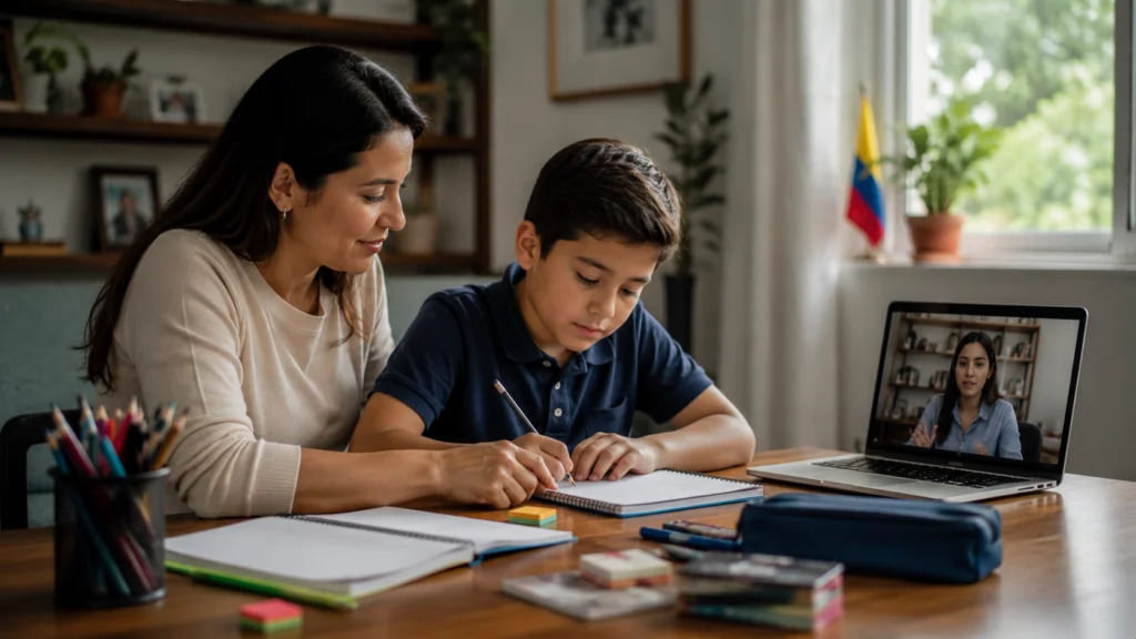 Niño con TDAH realizando actividades escolares en casa junto a su madre durante una terapia virtual para mejorar la atención, la conducta y el autocontrol.