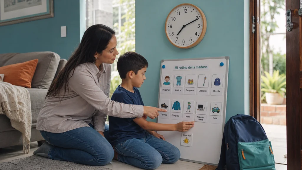 Madre e hijo en la entrada de su casa colombiana, usando un tablero visual con la rutina de la mañana para manejar la negativa escolar del niño con autismo. El niño tiene 6 años, está tranquilo, mira las imágenes mientras sostiene su mochila. La madre le señala el paso siguiente sin forzarlo. Ambiente de hogar con tonos teal y naranja, luz natural. Representación de estrategias para ayudar cuando mi hijo con autismo no quiere ir a la escuela. Servicio de evaluación interdisciplinaria virtual Neuro en Casa.