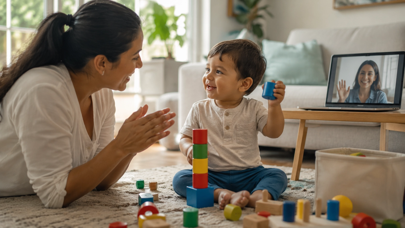 Niño pequeño realizando ejercicios de estimulación temprana virtual junto a su madre en casa mientras una especialista en neurodesarrollo infantil guía la sesión por videollamada.