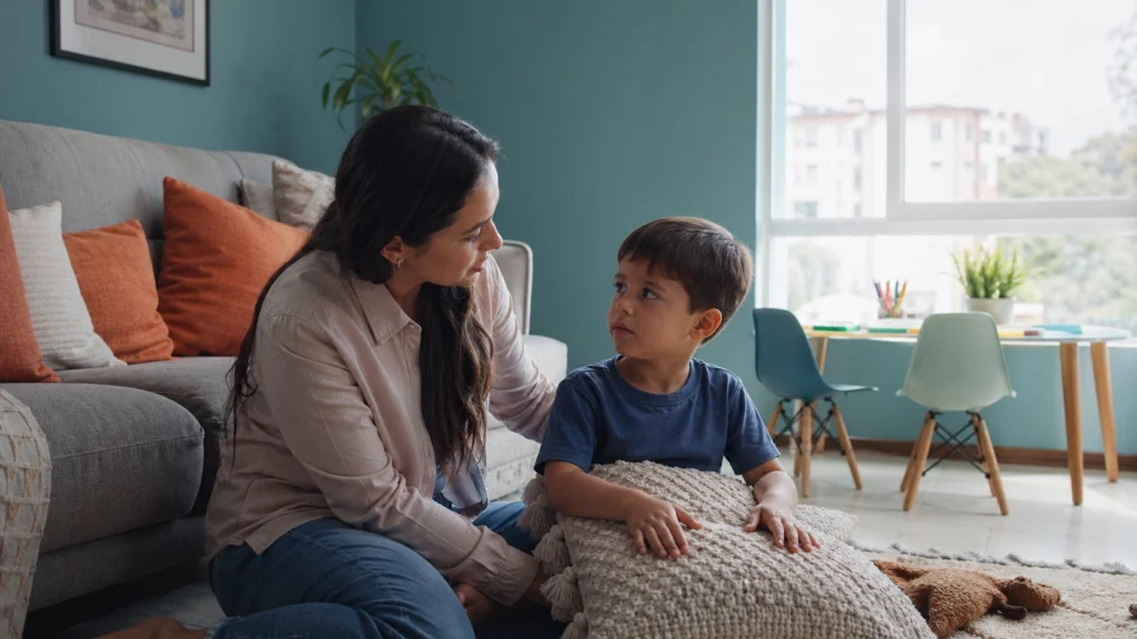 Padre o madre colombiana sentada en el suelo de su sala con un niño pequeño, ambos en un momento de calma después de una rabieta. La habitación tiene tonos teal y naranja, luz natural. El niño sostiene un cojín de textura suave mientras la madre le habla con tranquilidad. Representación de estrategias de autorregulación emocional en el hogar para niños con rabietas frecuentes, TEA o TDAH. Servicio de evaluación neuropsicológica virtual Neuro en Casa.