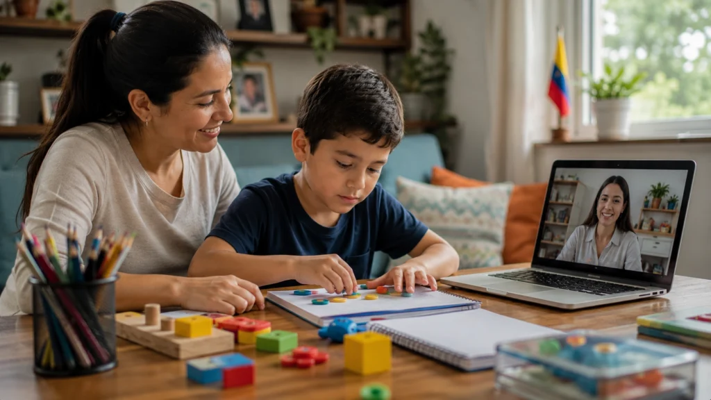 Madre acompañando a su hijo durante una terapia virtual de neurodesarrollo infantil desde casa con especialista online para mejorar atención, lenguaje y aprendizaje.