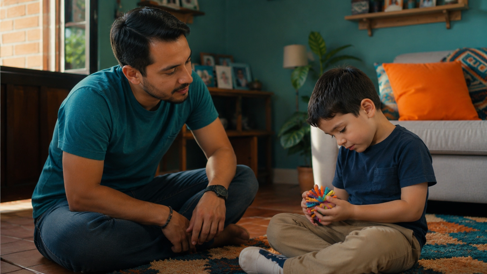 Padre colombiano interactuando con su hijo pequeño con autismo en casa, sentado en el suelo con juguetes sensoriales, en un entorno cálido con luz natural. La escena refleja cómo es vivir con un hijo con autismo, mostrando paciencia, conexión emocional y desafíos en la comunicación dentro de la crianza diaria.