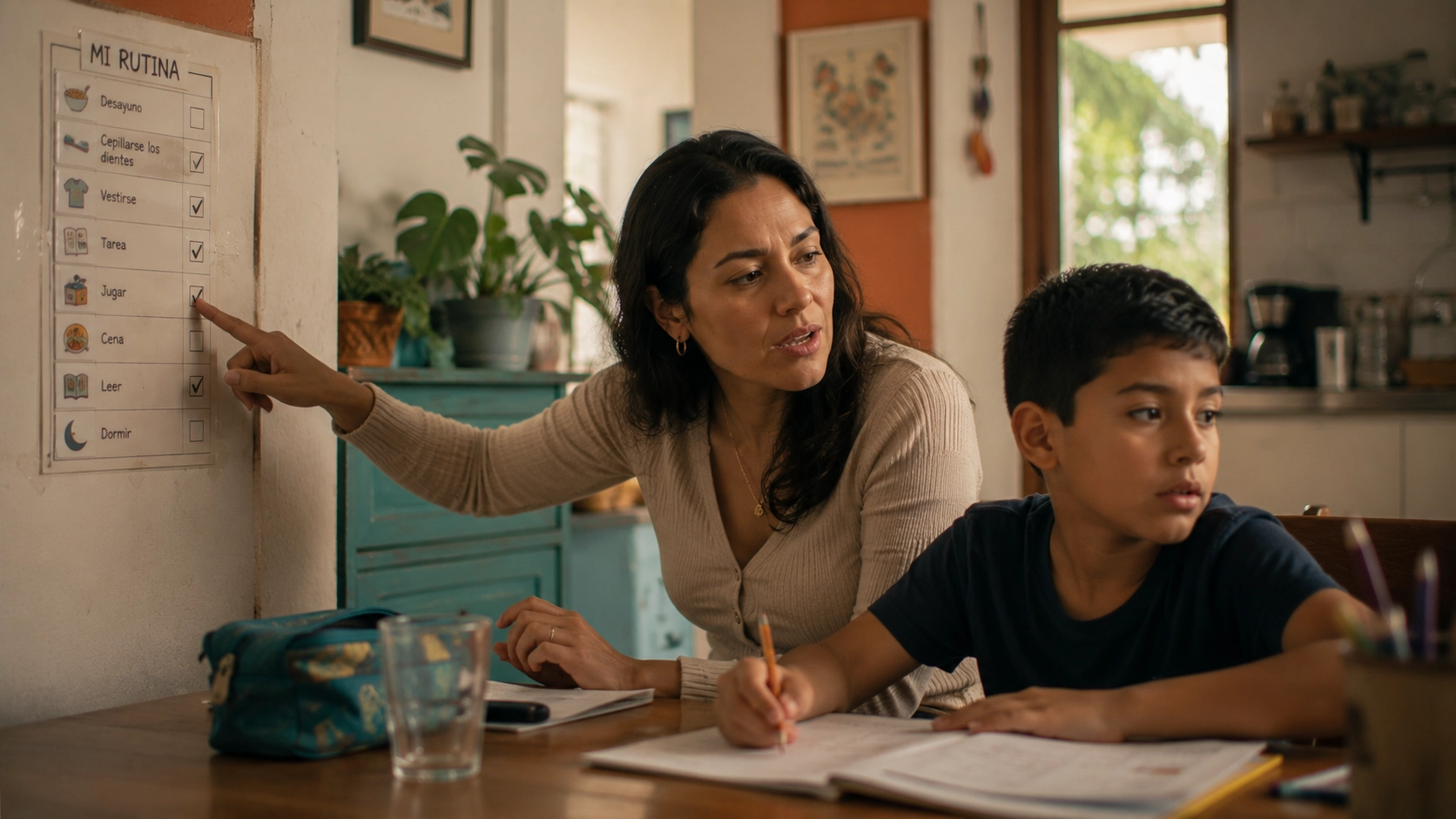 Madre colombiana y su hijo de aproximadamente 8 años con diagnóstico de TDAH durante una sesión de trabajo en casa, aplicando estrategias de organización visual como parte del entrenamiento a padres en el manejo del Trastorno por Déficit de Atención e Hiperactividad. La imagen refleja el modelo de intervención de Neuro en Casa by PROVENSALUD: acompañamiento cotidiano con herramientas concretas, en un entorno familiar real, para mejorar la atención, la conducta y la convivencia de niños con dificultades del neurodesarrollo en Colombia.